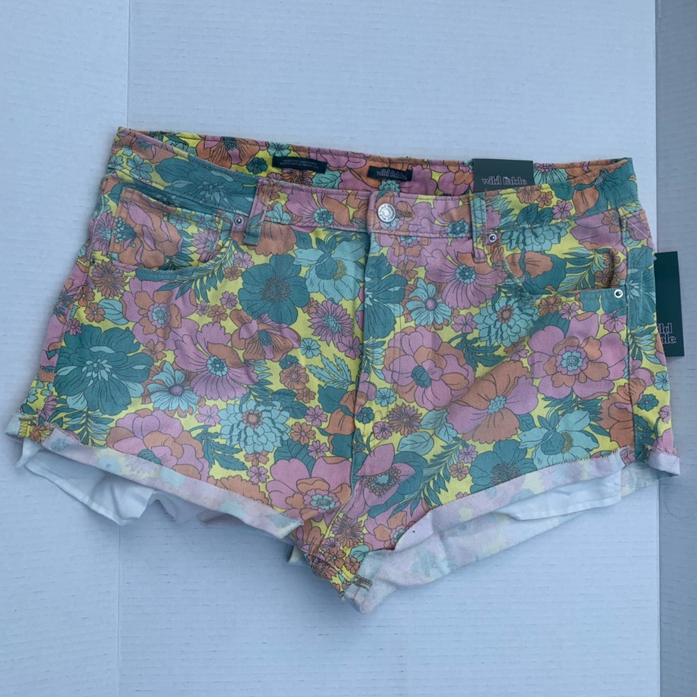 Wild Fable Pink Yellow Floral Highest Rise Cheeky Denim Jean Shorts Wonens Sz 16